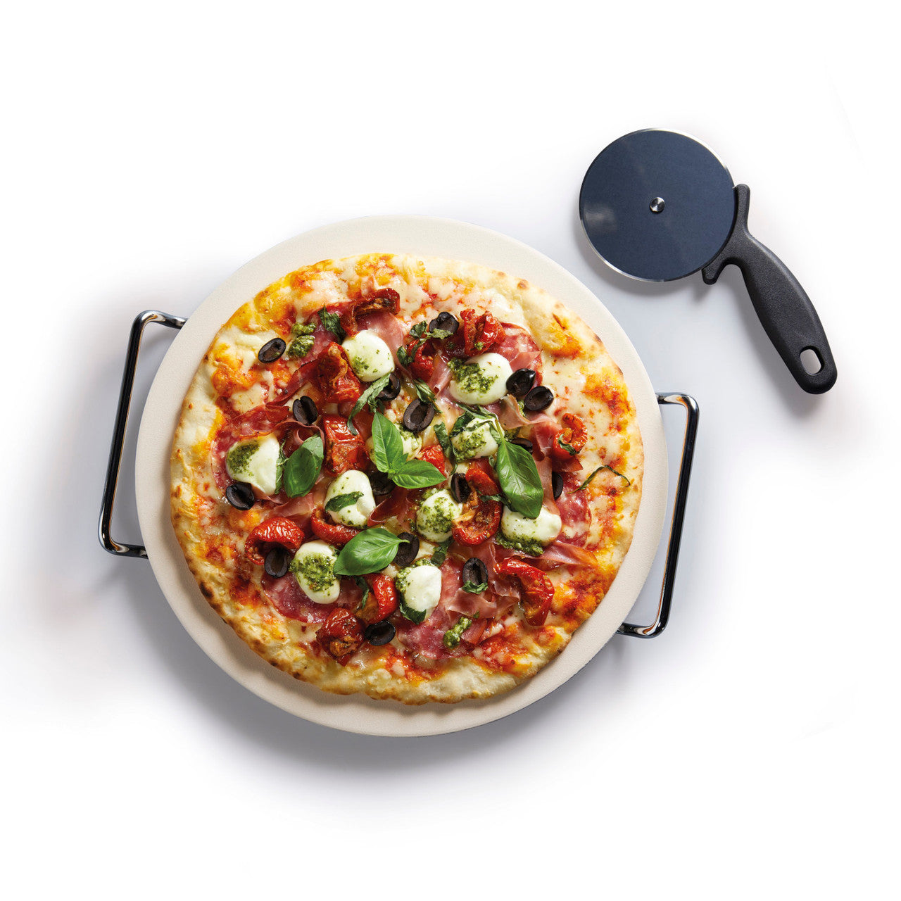 Pizzastein i keramikk med serveringsstativ og pizzahjul 33 cm