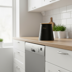 Boks oppvaskmiddel, sort metall 17 cm