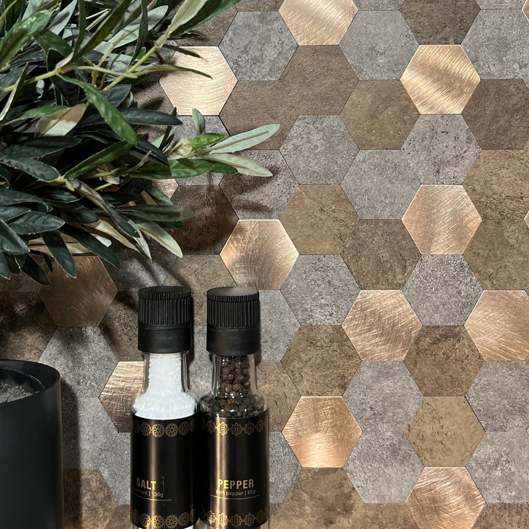 Vareprøve: Mocca hexagon selvklebende veggfliser