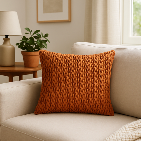 Rustfarget putetrekk i flettet velur 45x45 cm på lys sofa.