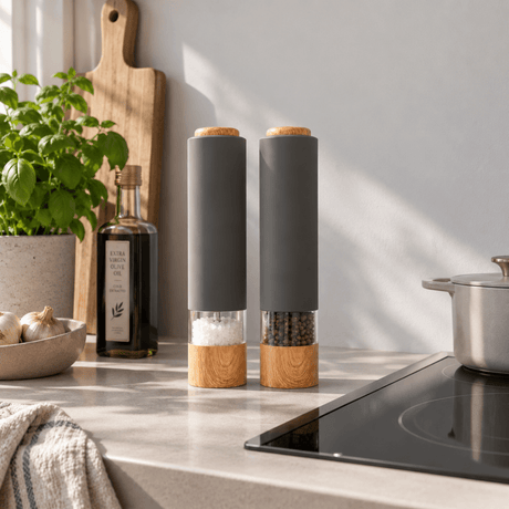 To elektriske krydderkverner i grå antrasitt med salt og pepper, plassert ved komfyr på kjøkkenbenk.