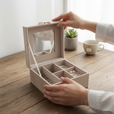 Smykkeskrin velur med speil 25x16x8 cm produktbilde
