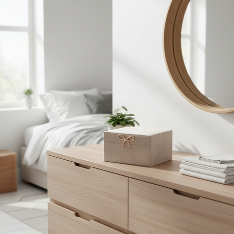 Smykkeskrin velur med speil på kommode soverom nordisk interiør
