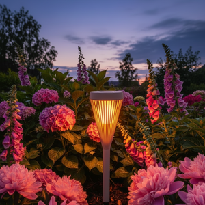 Lykt tent blant rosa blomster
