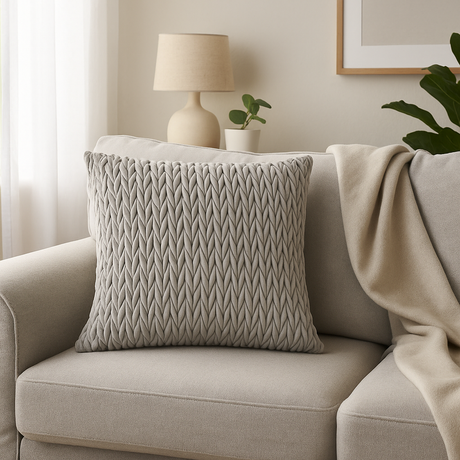 Sølvfarget putetrekk i flettet velur 45x45 cm til sofa og seng.