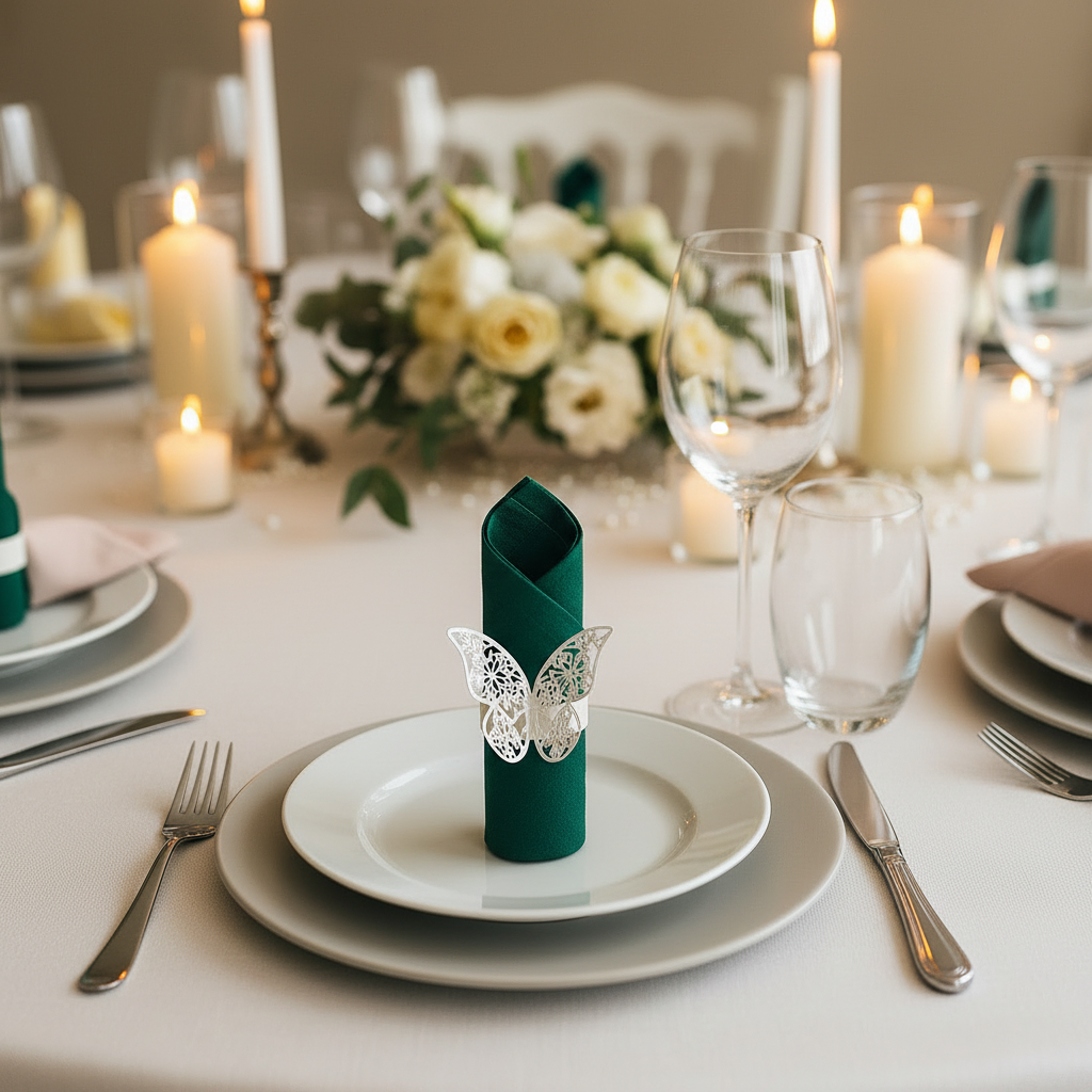 Hvit sommerfugl serviettring med perlemorskimmer rundt en elegant farget serviett på et festlig dekket bord med stearinlys, fine glass og blomsterdekorasjoner