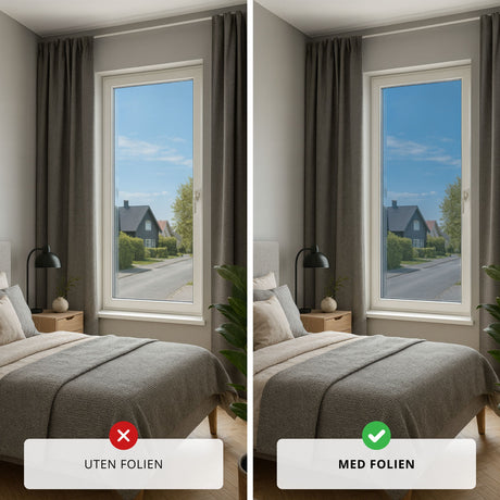 Før og etter bilde av soveromsvindu med og uten Static Reflektiv Supreme vindusfolie. Folien gir speileffekt på dagtid, skjermer mot innsyn og sollys, samtidig som du kan se ut.