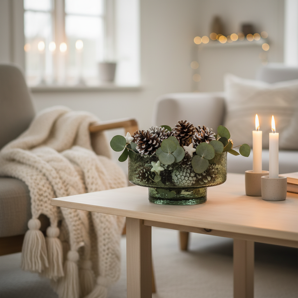 Lav grønn glassbolle med hamret tekstur fylt med kongler og eukalyptus, dekorativt plassert på stuebord med stearinlys i koselig skandinavisk julestemning