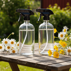 Klar sprayflaske i glass til rengjøringsmidler og plantepleie