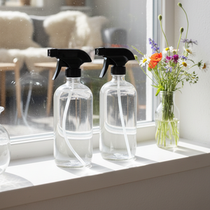 Sprayflaske i klart glass til vaskerom og kjøkken
