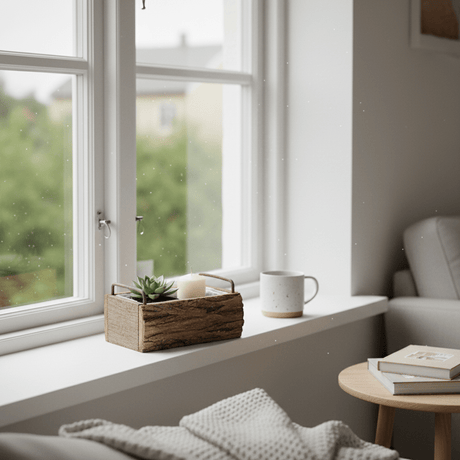 Kompakt trekurv i naturtre med liten plante og stearinlys på vinduskarm