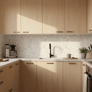 Naturstein inspirerte selvklebende fliser i beige og sandfargede toner