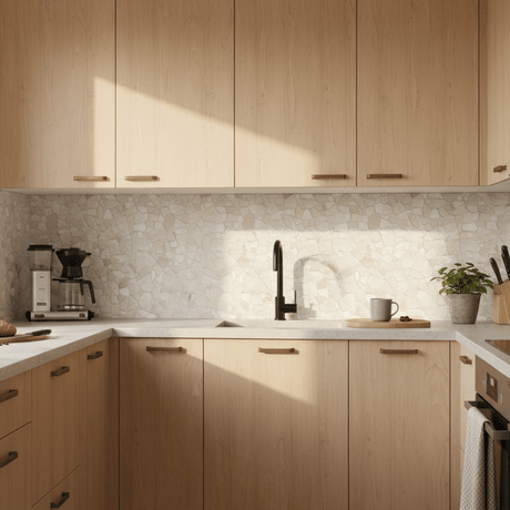 Naturstein inspirerte selvklebende fliser i beige og sandfargede toner