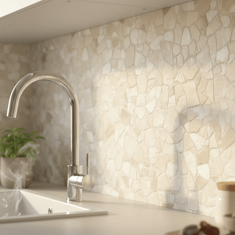Tuscany Stone selvklebende fliser montert på kjøkkenvegg i beige steinlook