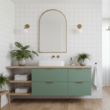 Uni matt jade green kontaktplast på baderomskap i skandinavisk bad