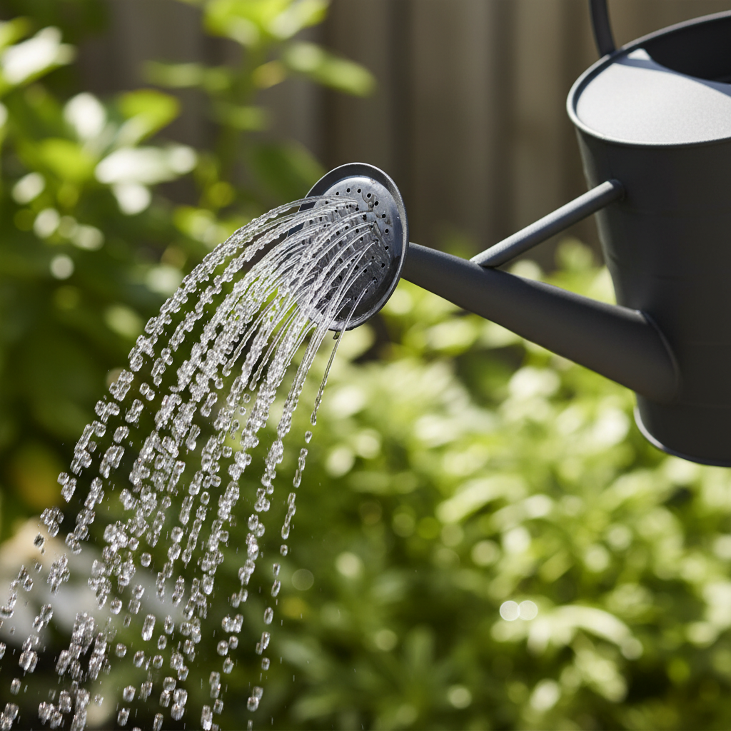 Vannkanne mørk grå på hagebenk med hageverktøy
