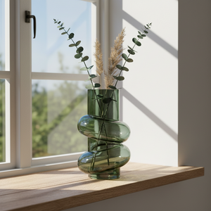 Vase flaskegrønn glass stabelbar håndholdt demonstrasjon størrelse
