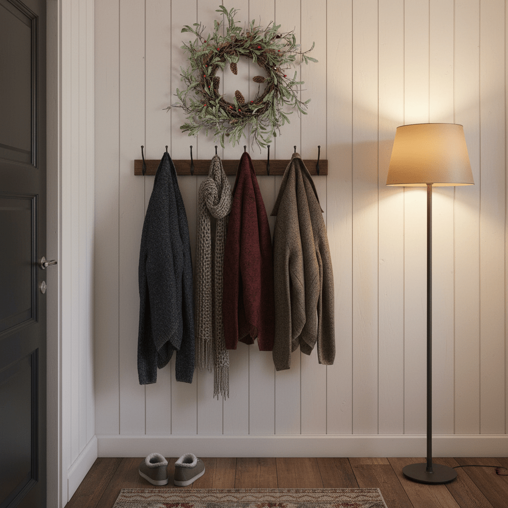 Grøn krans med kogle detaljer og julepynt til dør, vegg og vindu