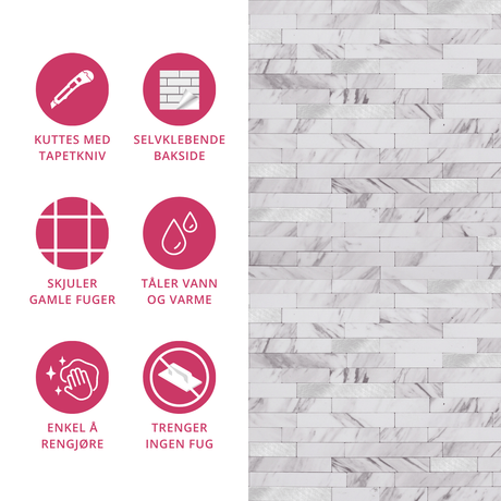 Praktiske fliser med selvklebende bakside montert over vask.