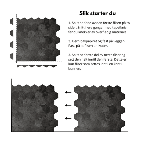 10-pk Hexagon mørkegrå betong selvklebende veggfliser