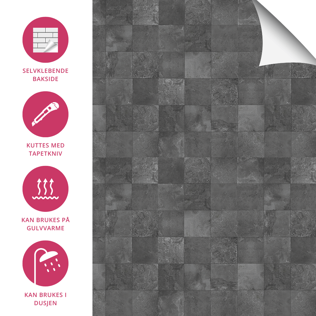 8-pk Bodø mørkegrå selvklebende fliser