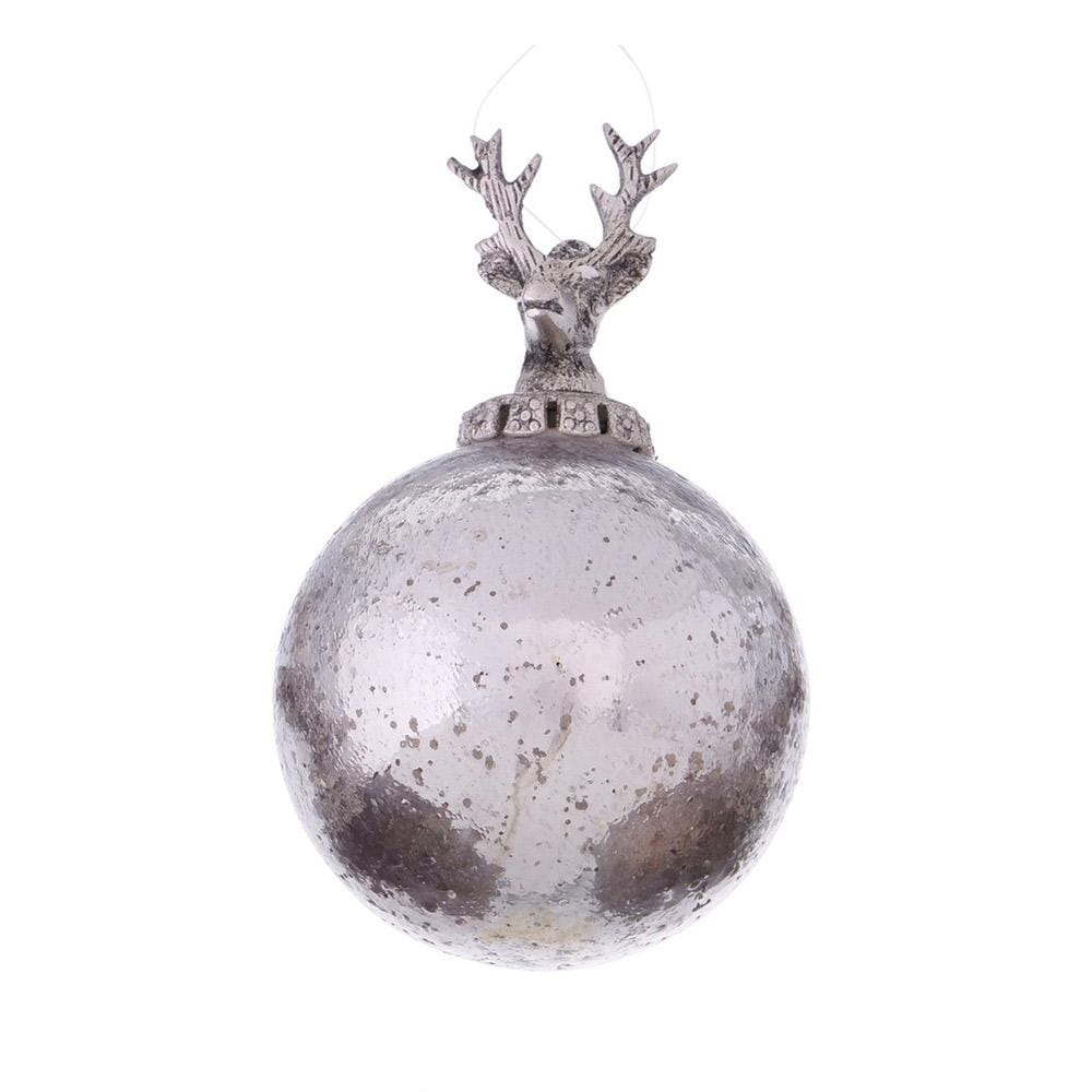 Sølvfarget julekule med hjortehode, 10 cm, i antikk finish.