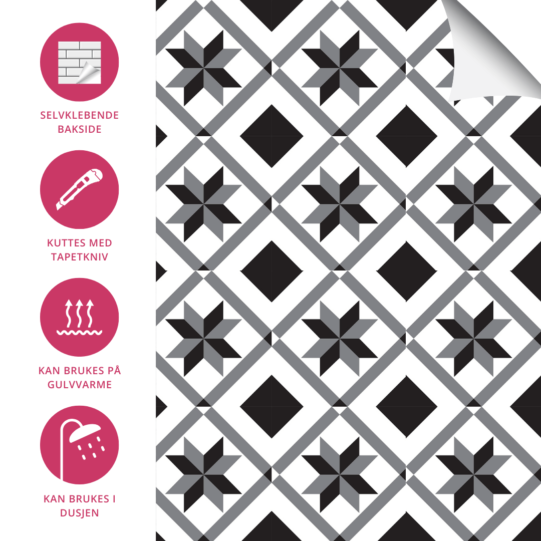 Stilrene Oslo selvklebende fliser med grafisk mønster i svart og hvitt