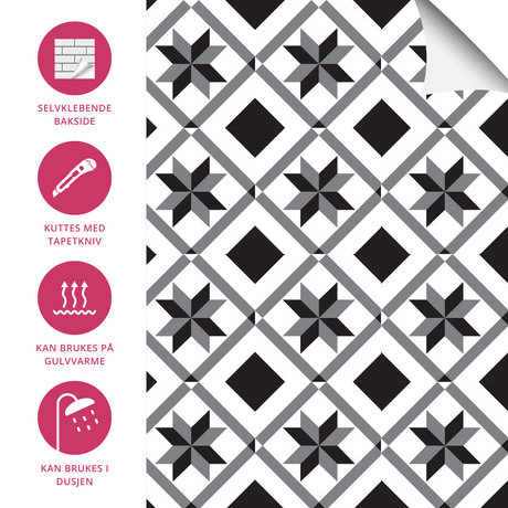 Stilrene Oslo selvklebende fliser med grafisk mønster i svart og hvitt