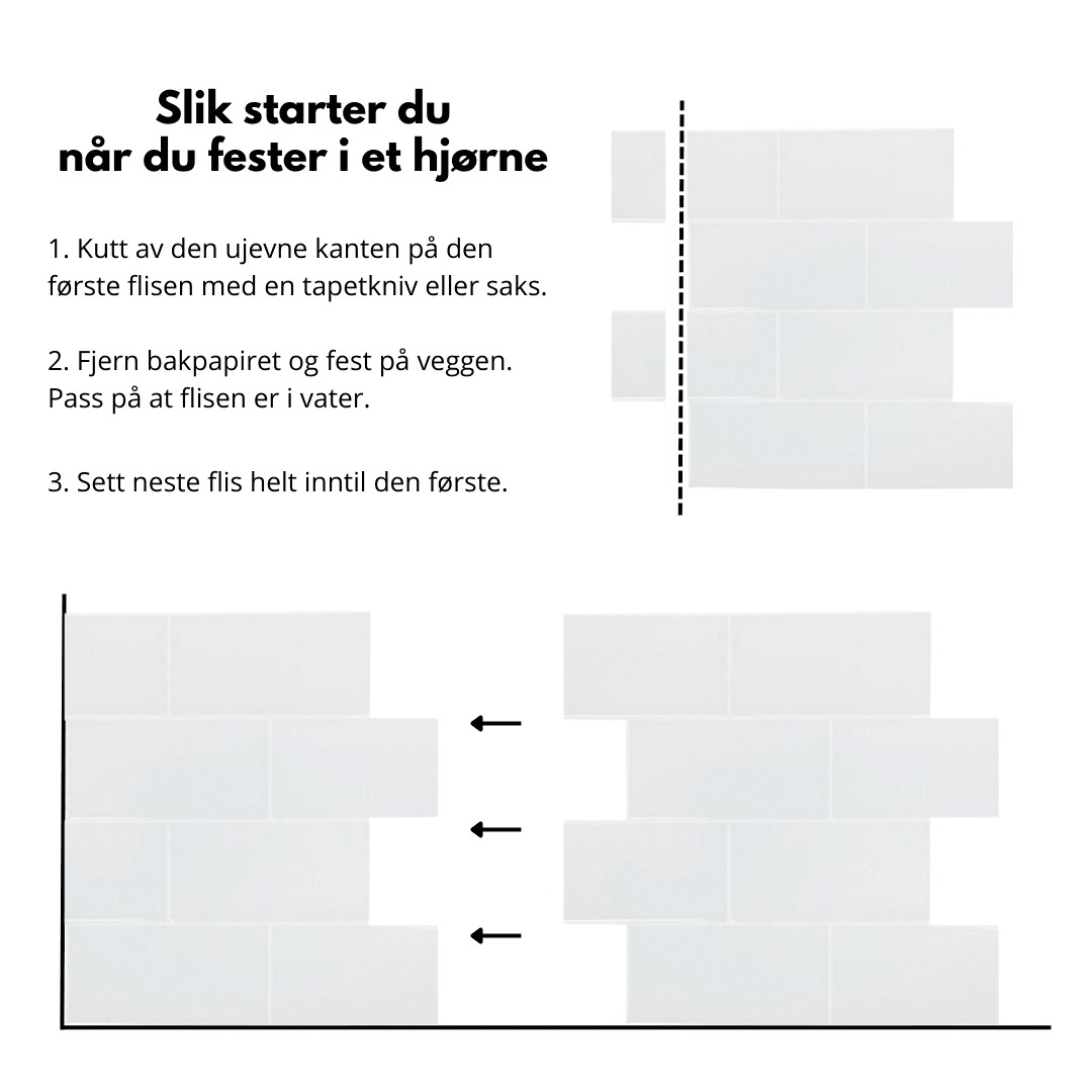 Produktinformasjon og mål på Subway hvite selvklebende fliser.