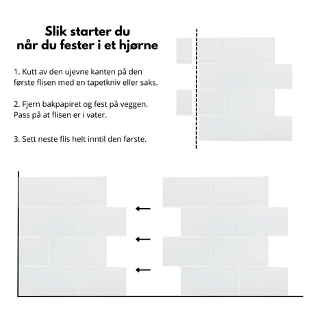 Produktinformasjon og mål på Subway hvite selvklebende fliser.