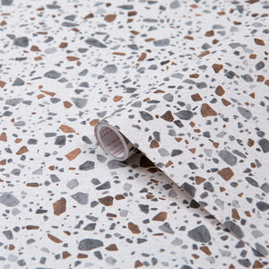 Terrazzo XL kontaktplast imiterer terrazzo og gir et friskt preg av stein. Passer godt til møbler, vegger, kjøkken og baderom. 