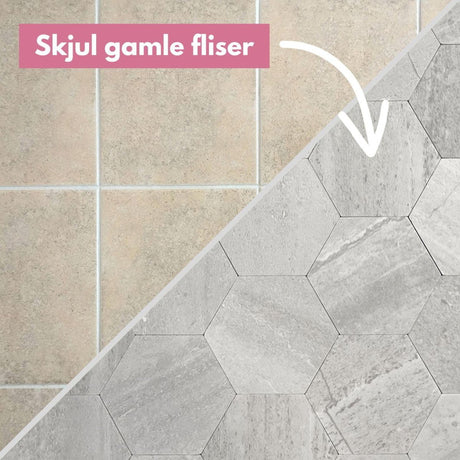 sekskantede veggfliser i lysegrå betong-look montert på kjøkkenvegg"