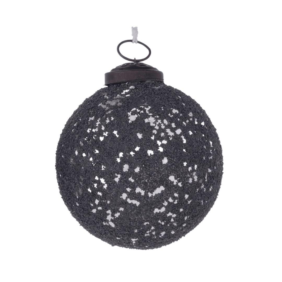 Mörkgrå julklot med groft glittertextur och metallfäste