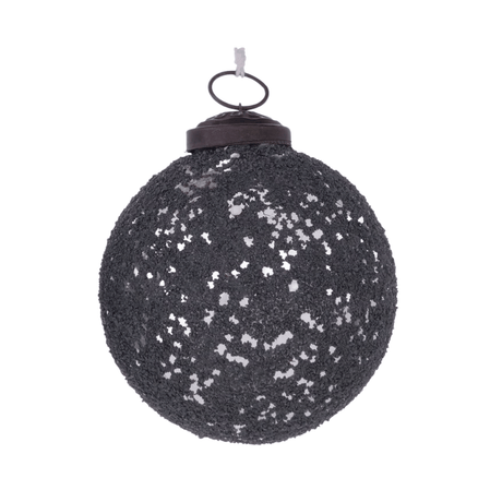 Mørk grå julekule med grov glittertekstur og metallfeste
